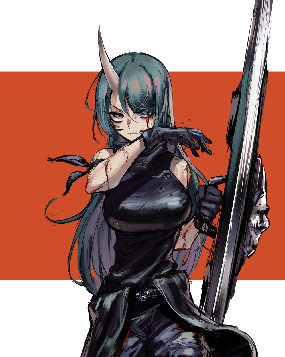 1girl arknights bangs blood blood_from_mouth blood_on_face breasts chunk-san gloves green_hair grin hair_over_one_eye highres holding_shield horns hoshiguma_(arknights) large_breasts long_hair looking_at_viewer oni oni_horns shield single_horn sleeveless smile solo two-tone_background upper_body v-shaped_eyebrows wiping_face