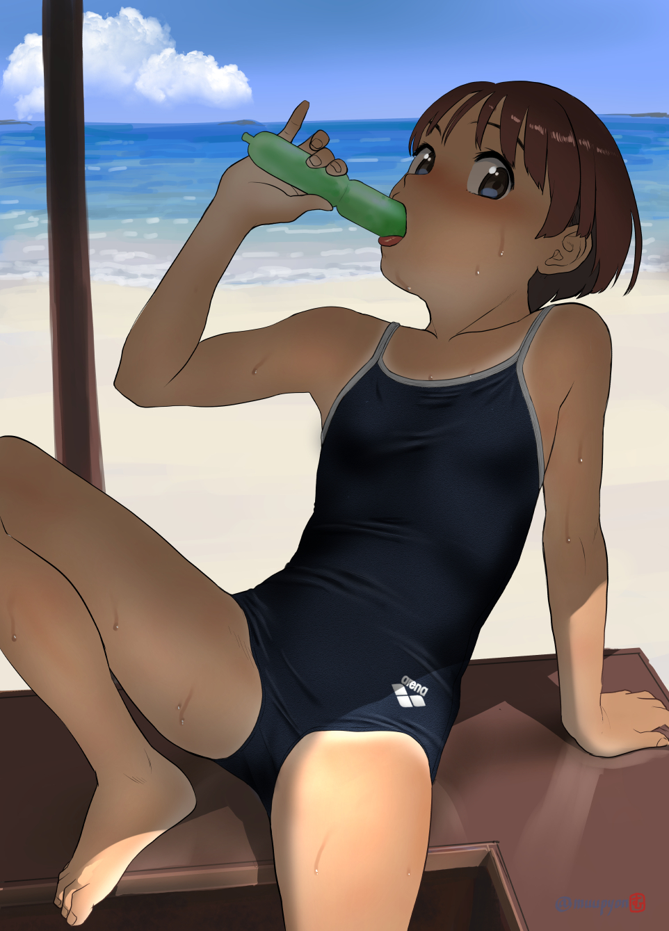 1girl arena_(company) arm_support beach blue_eyes blue_sky breasts clouds commentary_request competition_school_swimsuit day eating highres mu-pyon ocean one-piece_swimsuit original outdoors sand school_swimsuit short_hair sitting sky small_breasts solo spread_legs swimsuit tan tanline water