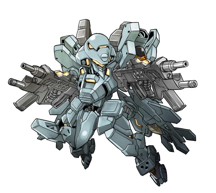 chibi dual_wielding f-15e_strike_eagle gun holding holding_gun holding_weapon kubotami looking_to_the_side mecha muvluv muvluv_alternative no_humans solo submachine_gun transparent_background visor weapon