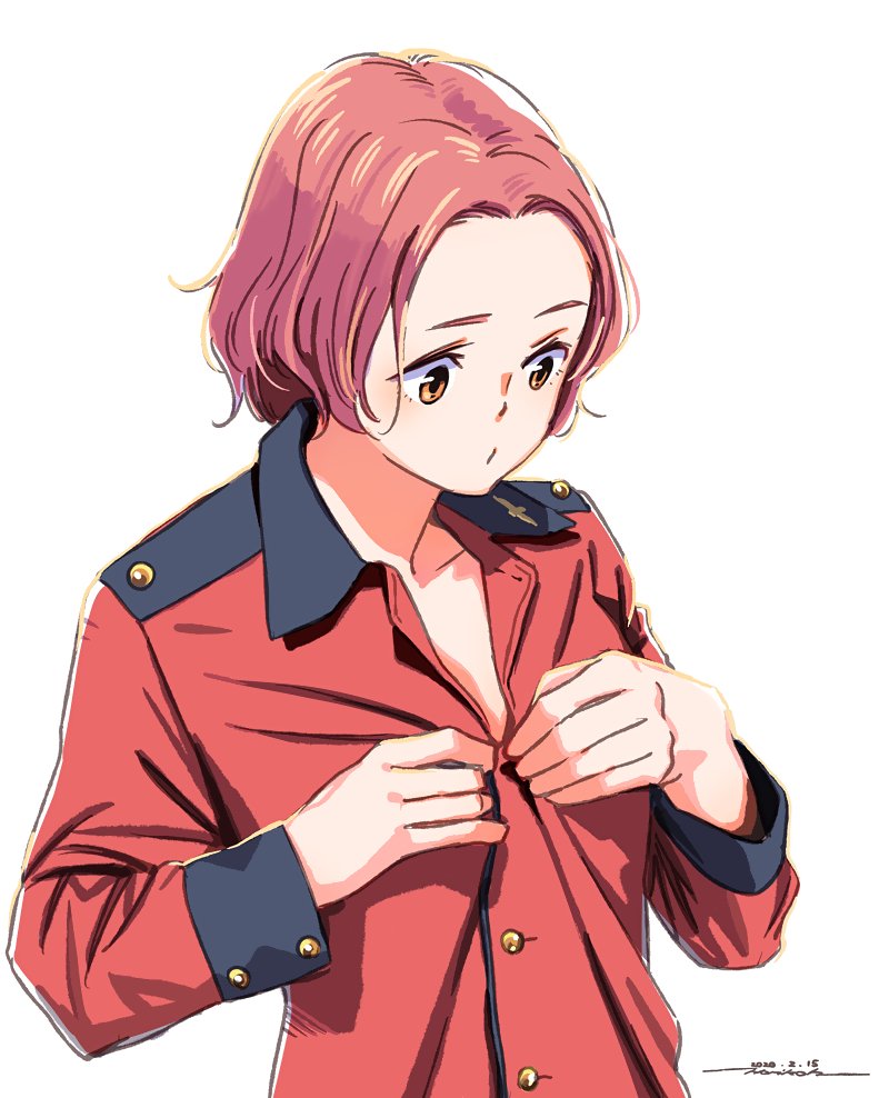 1girl brown_eyes buttoning character_request closed_mouth dated dressing girls_und_panzer horikou jacket long_sleeves pink_hair red_jacket short_hair signature simple_background solo upper_body white_background