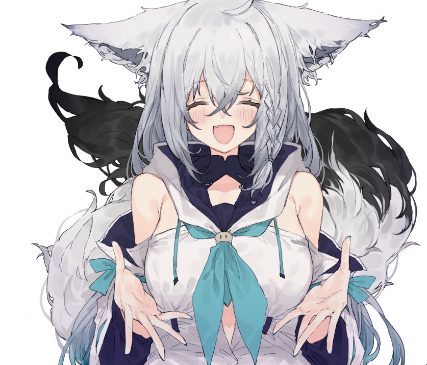 1girl ahoge animal_ear_fluff animal_ears bangs blush bow braid breasts closed_eyes commission corn1l detached_sleeves fox_ears fur grey_hair hair_between_eyes hololive hood hood_down large_breasts long_hair looking_at_viewer neck open_hands open_mouth ribbon shirakami_fubuki shoulders side_braid simple_background smile solo tail virtual_youtuber