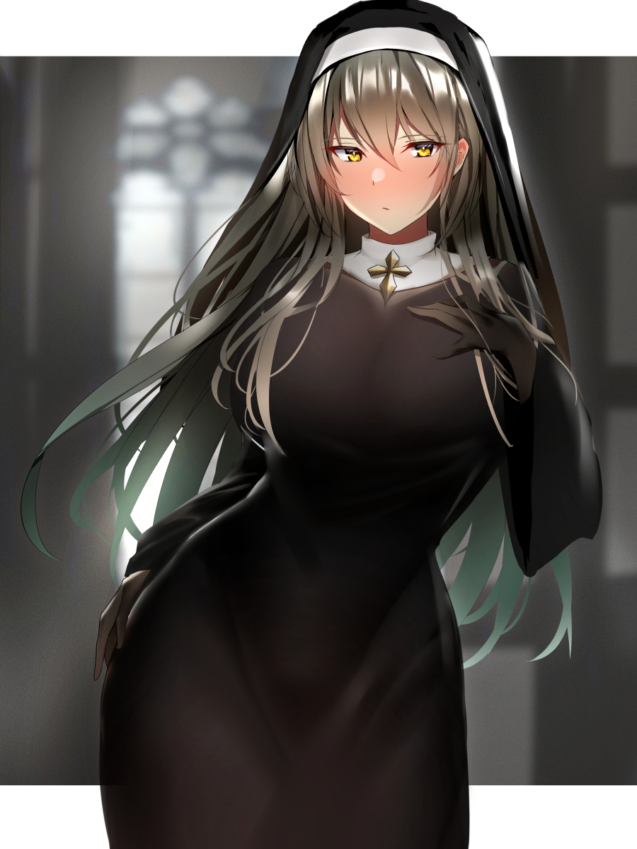 1girl bangs black_dress black_gloves blush breasts closed_mouth cross dress elbow_gloves gloves grey_hair habit hair_between_eyes hand_on_own_chest highres large_breasts long_hair long_sleeves looking_at_viewer nun original wide_sleeves yellow_eyes yuyutan0904