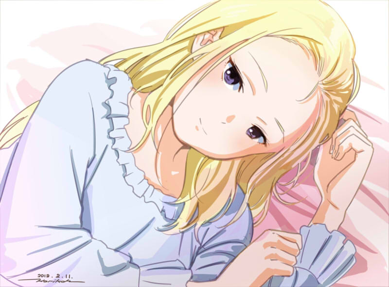 1girl blonde_hair character_request dated facial_mark forehead_mark girls_und_panzer horikou long_hair looking_at_viewer lying nightgown on_side signature smile solo violet_eyes