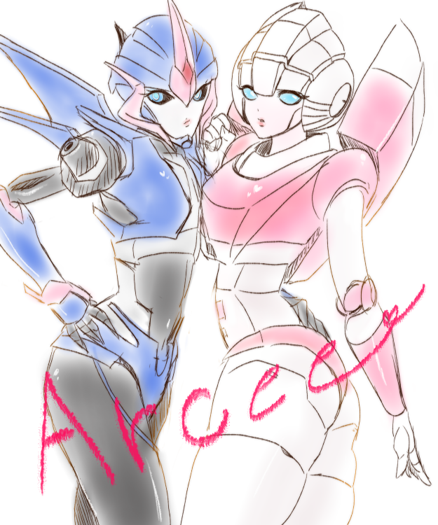 akycoo arcee ass autobot blue_eyes character_name hand_on_hip looking_to_the_side multiple_persona no_humans robot transformers transformers_prime white_background