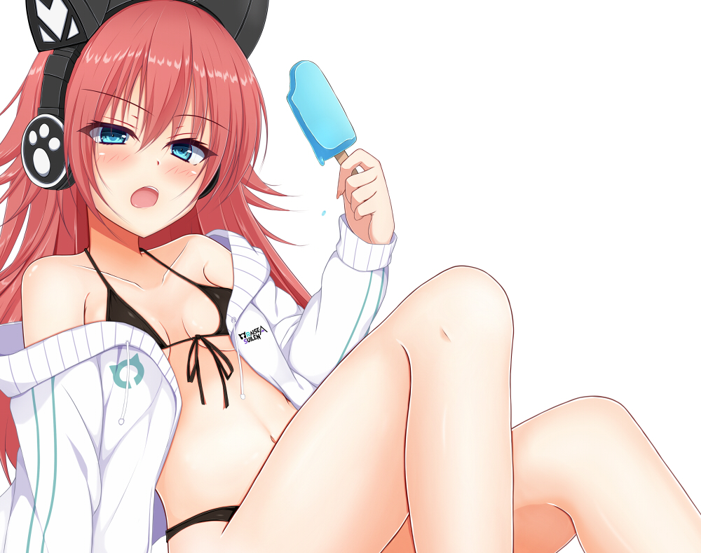1girl animal_ears bang_dream! bangs bikini bikini_under_clothes black_bikini blue_eyes blush brown_hair cat_ear_headphones cat_ears chu2_(bang_dream!) collarbone commentary_request drawstring eyebrows_visible_through_hair fake_animal_ears food front-tie_bikini front-tie_top hair_between_eyes hand_up headphones holding holding_food jacket leaning_back long_hair long_sleeves navel off_shoulder open_clothes open_jacket open_mouth popsicle revision simple_background sitting sleeves_past_wrists solo sonosakiburi swimsuit upper_teeth very_long_hair white_background white_jacket