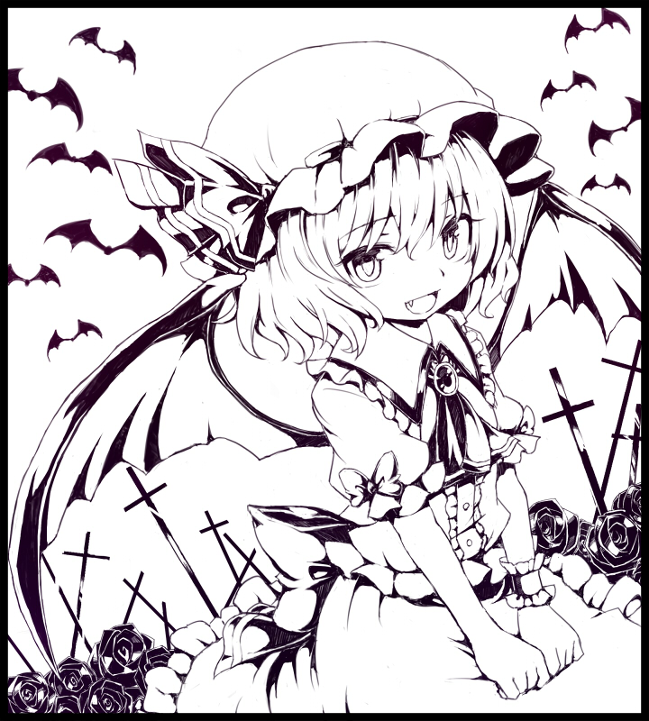 1girl :d ascot bangs bat bat_wings black_border border cross eyebrows_visible_through_hair fang flower greyscale hat hat_ribbon looking_at_viewer mob_cap monochrome open_mouth remilia_scarlet ribbon rizento rose short_hair short_sleeves skirt smile solo touhou wings