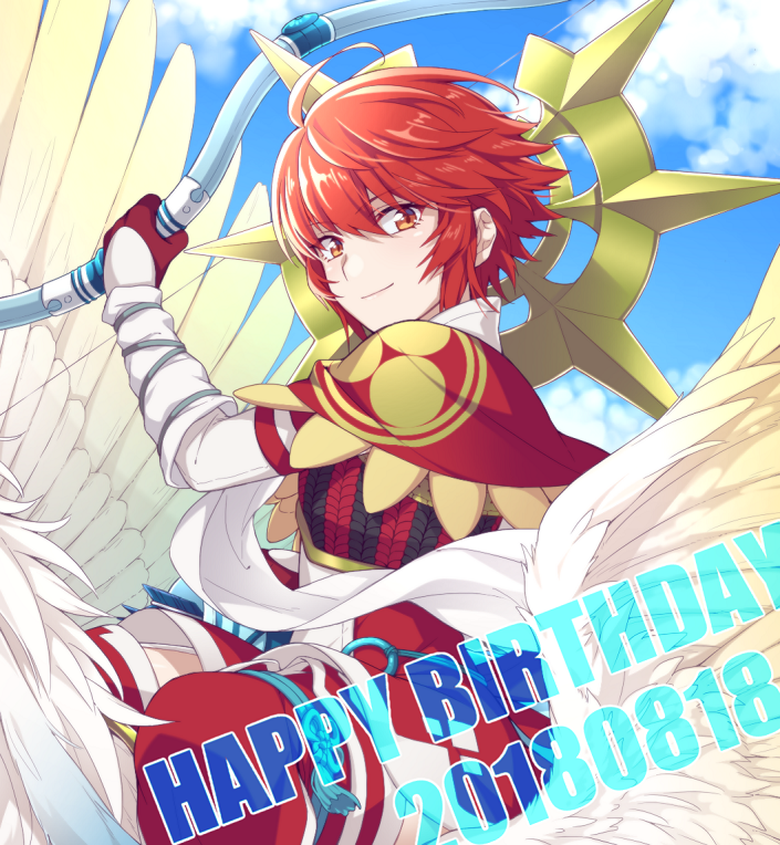 1girl 2018 ahoge bangs blue_sky bow_(weapon) brown_eyes capelet closed_mouth clouds dated day detached_sleeves eyebrows_visible_through_hair fire_emblem fire_emblem_fates garter_straps gloves hair_between_eyes happy_birthday hinoka_(fire_emblem) hiyori_(rindou66) holding holding_bow_(weapon) holding_weapon long_sleeves looking_at_viewer miniskirt outdoors pegasus pegasus_knight red_capelet red_gloves red_legwear red_skirt redhead riding shiny shiny_hair short_hair skirt sky smile solo thigh-highs weapon white_sleeves