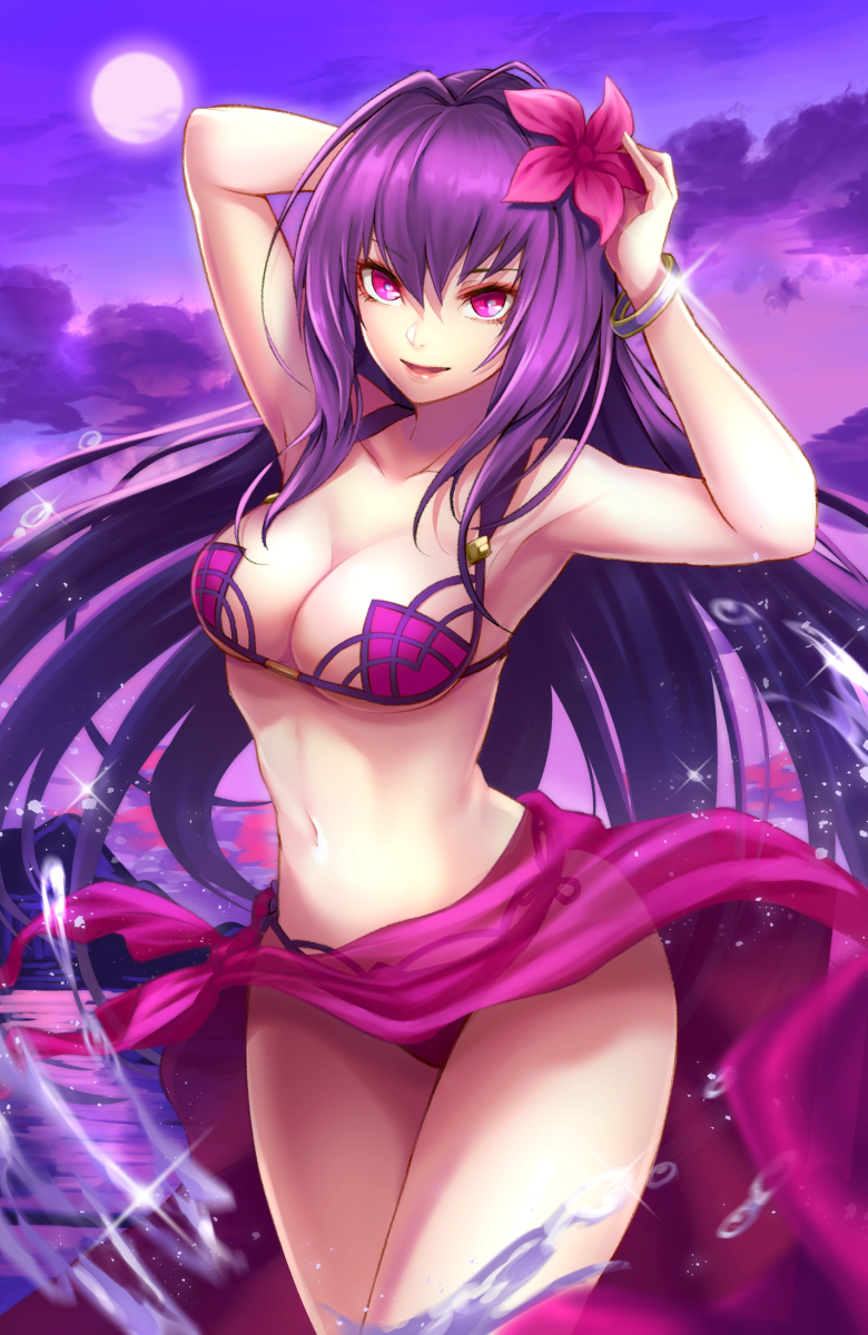 1girl :d armpits arms_up bangle bangs bare_arms bare_shoulders bikini bracelet breasts clouds collarbone commentary cowboy_shot eyebrows_visible_through_hair fate/grand_order fate_(series) flower glint hair_between_eyes hair_flower hair_ornament highres jewelry long_hair looking_at_viewer medium_breasts navel open_mouth outdoors pink_flower purple_bikini purple_hair purple_sky re_(re_09) sarong scathach_(fate)_(all) scathach_(fate/grand_order) smile solo standing stomach swimsuit thighs very_long_hair violet_eyes