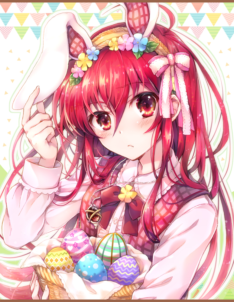 1girl animal_ears bangs basket blush closed_mouth collared_shirt dress_shirt easter_egg egg eyebrows_visible_through_hair fake_animal_ears frown hair_between_eyes hairband holding holding_basket long_hair long_sleeves looking_at_viewer rabbit_ears red_eyes redhead shakugan_no_shana shana shiny shiny_hair shirt solo tachitsu_teto upper_body white_shirt wing_collar yellow_hairband