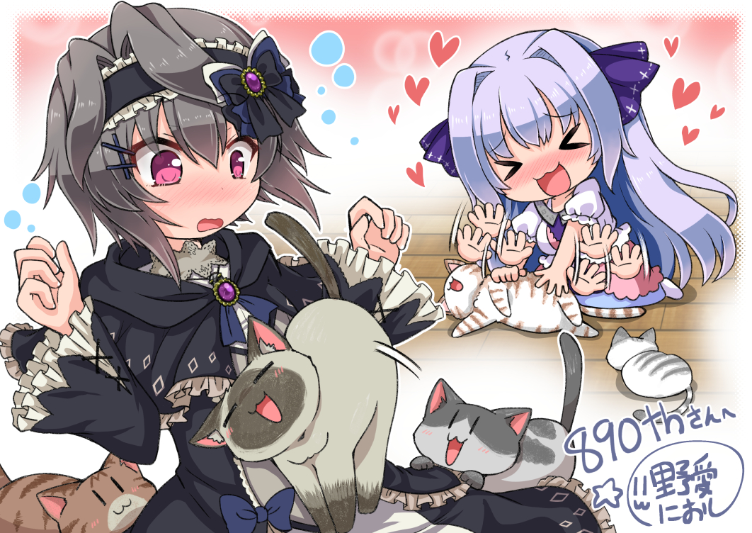 &gt;_&lt; 2girls :d afterimage animal bangs black_capelet black_dress blue_skirt blush brooch capelet cat chibi closed_eyes commentary_request copyright_request dress eyebrows_visible_through_hair frilled_capelet frills grey_hair hair_between_eyes hair_intakes hair_ribbon hands_up heart jewelry long_hair long_sleeves multiple_girls no_shoes noai_nioshi nose_blush open_mouth petting puffy_short_sleeves puffy_sleeves purple_hair purple_ribbon ribbon shirt short_sleeves signature skirt smile star_(symbol) very_long_hair violet_eyes white_shirt wide_sleeves wooden_floor xd