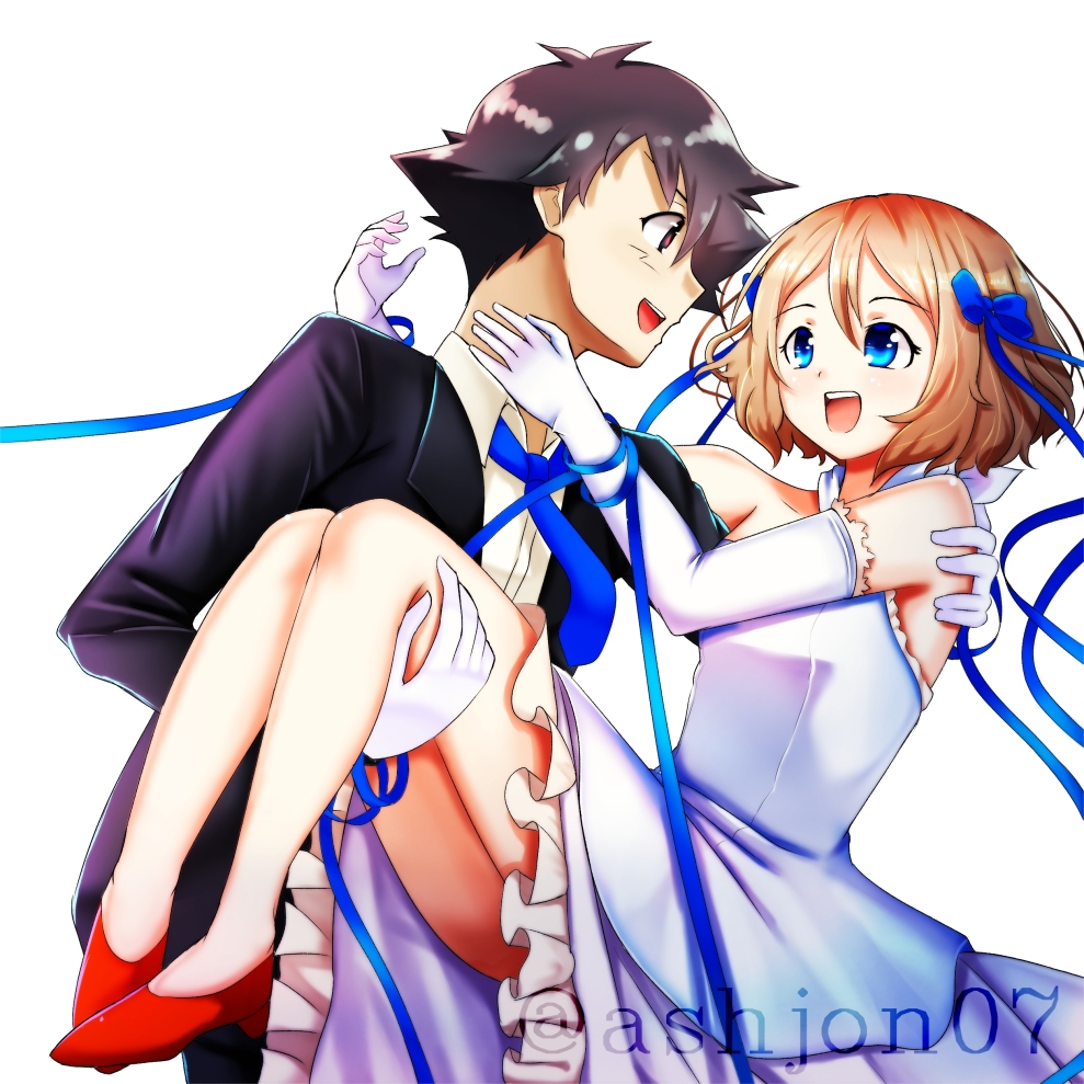 1boy 1girl :d amourshipping ashujou bangs black_hair black_jacket blue_bow blue_eyes blue_neckwear bow brown_eyes brown_hair carrying collared_shirt dress dress_shirt elbow_gloves eye_contact female formal gloves hair_between_eyes hair_bow husband_and_wife jacket layered_dress long_sleeves looking_at_another male necktie open_clothes open_jacket open_mouth pokemon pokemon_(anime) pokemon_xy_(anime) princess_carry pumps red_footwear satoshi_(pokemon) serena_(pokemon) shiny shiny_hair shirt short_hair simple_background sleeveless sleeveless_dress smile wedding_dress white_background white_dress white_gloves white_shirt wing_collar