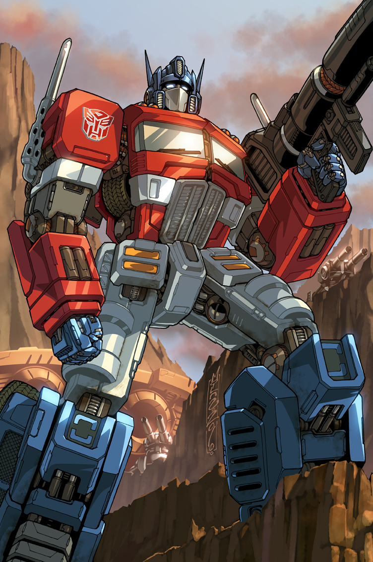 alex_milne autobot blue_eyes clenched_hand collaboration english_commentary espen_grundetjern glowing glowing_eyes gun holding holding_gun holding_weapon insignia looking_up mecha no_humans optimus_prime solo transformers weapon