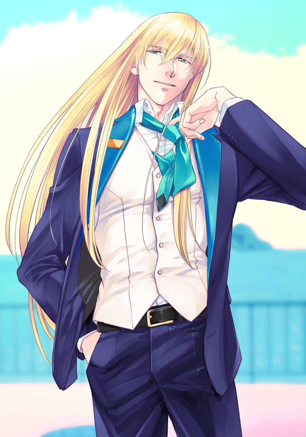 1boy adjusting_clothes adjusting_necktie alternate_costume bangs belt black_belt blonde_hair blue_neckwear blue_pants blurry blurry_background coat dragon-inn eyebrows_visible_through_hair fate/grand_order fate_(series) fionn_mac_cumhaill_(fate/grand_order) green_eyes hair_between_eyes half-closed_eyes hand_in_pocket hand_up highres light looking_to_the_side necktie pants shiny shiny_hair simple_background upper_body vest