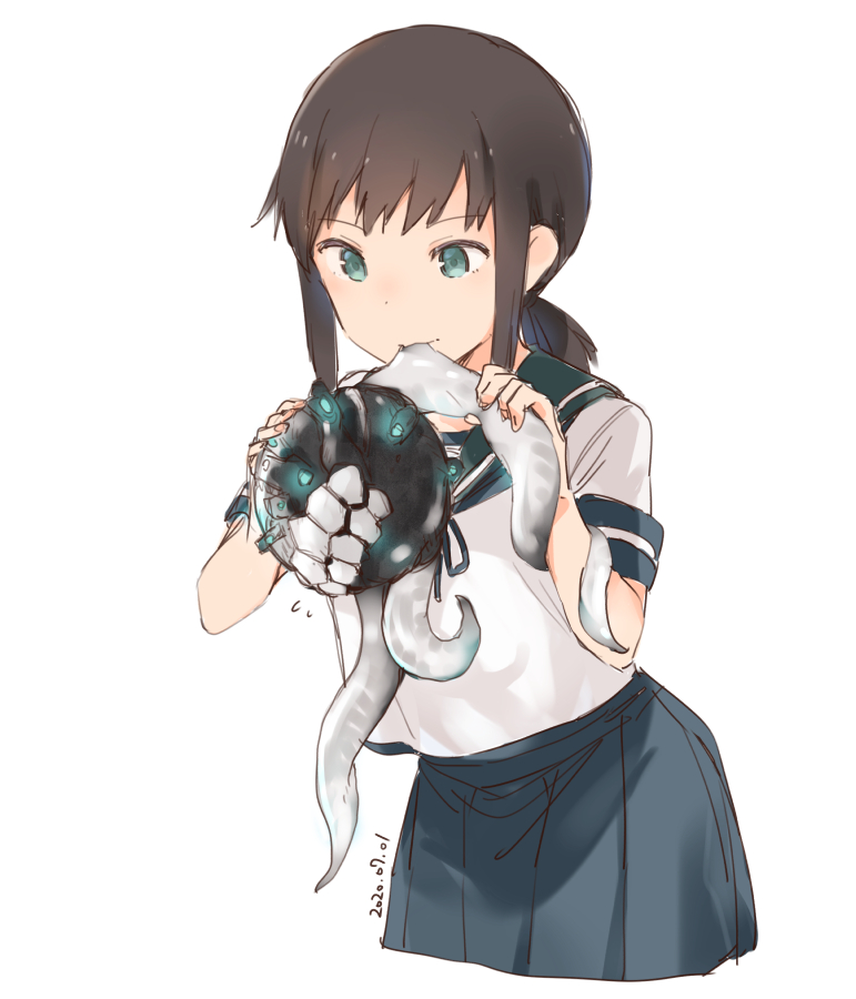 1girl aqua_eyes brown_hair eating enemy_naval_mine_(kantai_collection) fubuki_(kantai_collection) kantai_collection medium_hair satsumi short_ponytail sidelocks solo sweatdrop tentacles