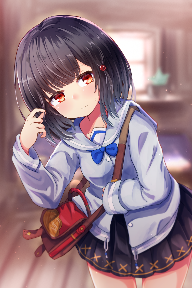 1girl bag bangs baram black_hair black_skirt blue_bow blue_sailor_collar blue_shirt blurry blurry_background blush bow breasts closed_mouth collarbone commentary_request depth_of_field eyebrows_visible_through_hair granblue_fantasy hair_ornament hand_up highres indoors leaning_to_the_side long_sleeves looking_at_viewer pleated_skirt red_eyes sailor_collar school_uniform serafuku shirt short_hair shoulder_bag skirt sleeves_past_wrists small_breasts solo standing sweat vikala_(granblue_fantasy)