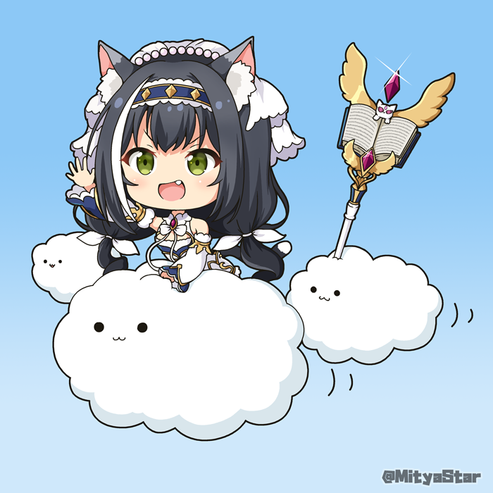 1girl :3 :d animal_ear_fluff animal_ears bangs black_hair blue_background book cat_ears cat_girl cat_tail clouds commentary_request detached_sleeves dress eyebrows_visible_through_hair fang gem glint gradient gradient_background green_eyes hair_ribbon karyl_(princess_connect!) long_hair long_sleeves low_twintails miicha open_book open_mouth outstretched_arm parted_lips princess_connect! princess_connect!_re:dive puffy_long_sleeves puffy_sleeves ribbon smile solid_circle_eyes solo staff tail twintails twitter_username v-shaped_eyebrows very_long_hair white_dress white_ribbon white_sleeves