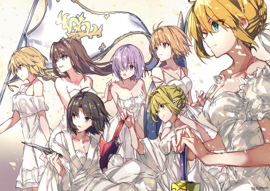 6+girls aestus_estus alternate_costume aozaki_aoko arcueid_brunestud artoria_pendragon_(all) black_hair blonde_hair blue_eyes brown_hair dress excalibur fate/apocrypha fate/extra fate/grand_order fate/stay_night fate_(series) flag green_eyes hair_over_one_eye jeanne_d'arc_(fate) jeanne_d'arc_(fate)_(all) kara_no_kyoukai knife mahou_tsukai_no_yoru mash_kyrielight melty_blood multiple_girls nero_claudius_(fate) nero_claudius_(fate)_(all) purple_hair ryougi_shiki saber shield tsukihime white_dress zeromomo