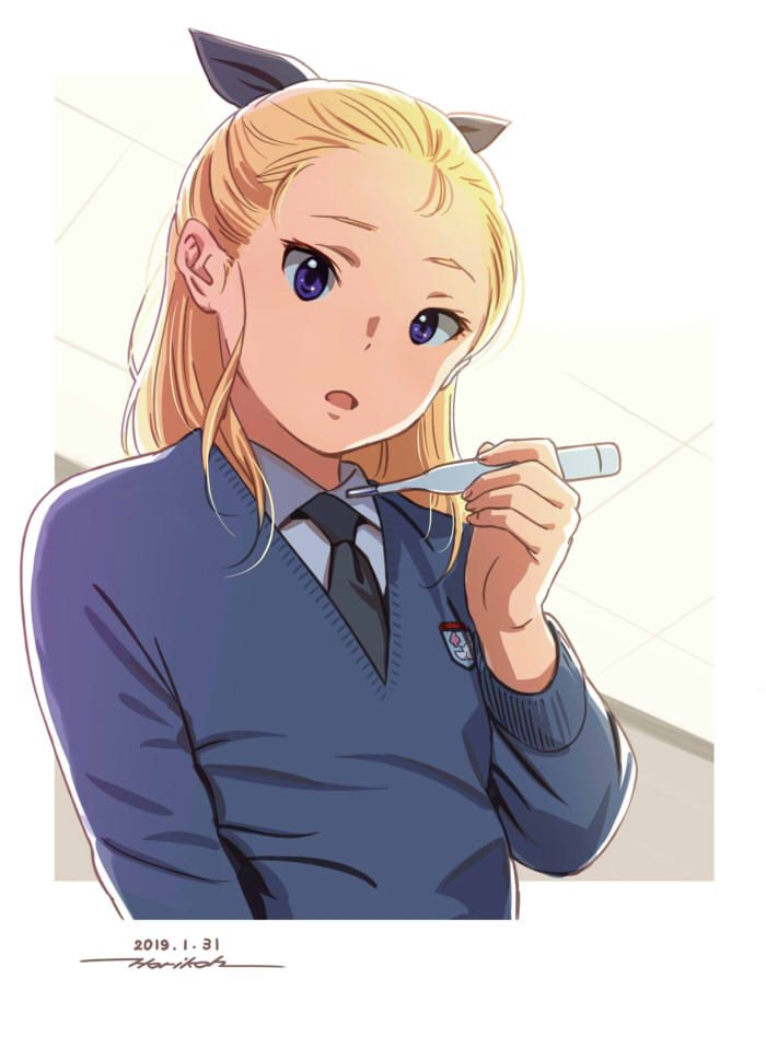 1girl black_bow black_neckwear blonde_hair blue_sweater border bow character_request collared_shirt dated forehead girls_und_panzer hair_bow holding_thermometer horikou long_hair long_sleeves looking_at_viewer necktie parted_lips shirt signature solo sweater thermometer upper_body violet_eyes white_border white_shirt wing_collar
