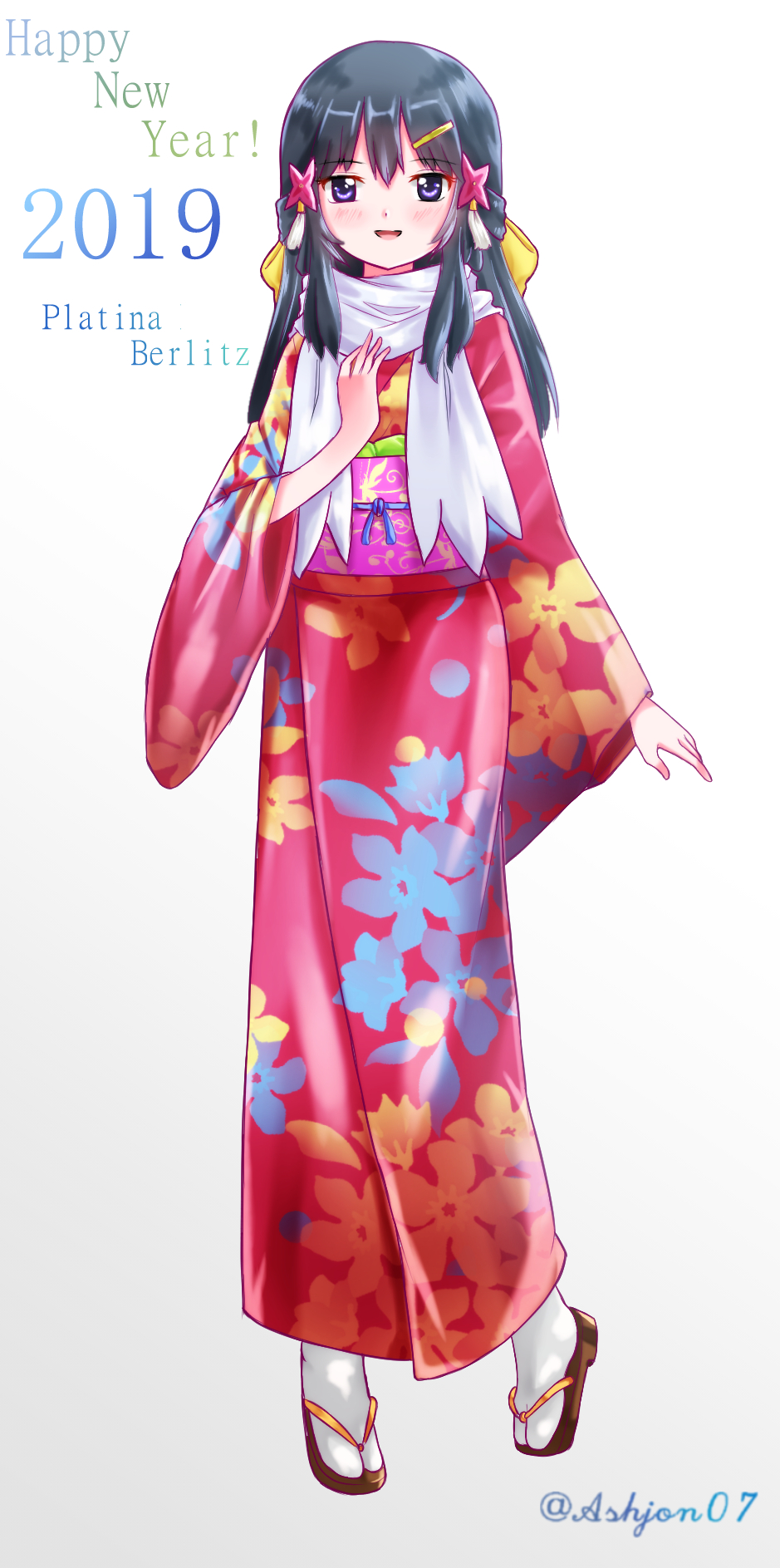 1girl 2019 :d ashujou bangs black_hair blush eyebrows_visible_through_hair floral_print full_body hair_between_eyes hair_ornament hairclip happy_new_year highres japanese_clothes kimono long_hair long_sleeves looking_at_viewer new_year obi open_mouth platinum_berlitz pokemon pokemon_special print_kimono red_kimono sash shiny shiny_hair simple_background smile solo standing tabi twitter_username violet_eyes white_background white_legwear wide_sleeves