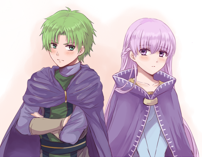 1boy 1girl blush cape closed_mouth collarbone couple crossed_arms fire_emblem fire_emblem:_the_binding_blade green_eyes green_hair grey_sleeves hair_intakes long_hair long_sleeves purple_cape purple_hair raigh_(fire_emblem) shiny shiny_hair simple_background sophia_(fire_emblem) very_long_hair violet_eyes white_background wspread