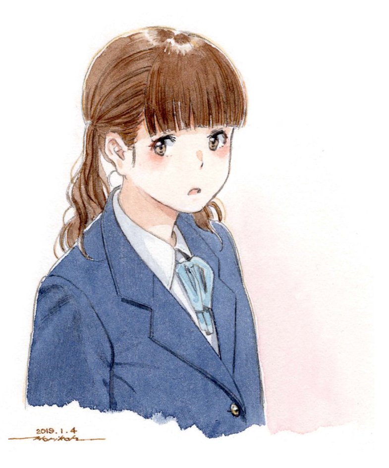 1girl bangs blue_jacket blue_neckwear blue_ribbon blunt_bangs brown_eyes brown_hair collared_shirt copyright_request dated horikou jacket looking_at_viewer medium_hair neck_ribbon parted_lips ribbon shirt signature solo twintails upper_body white_background white_shirt wing_collar