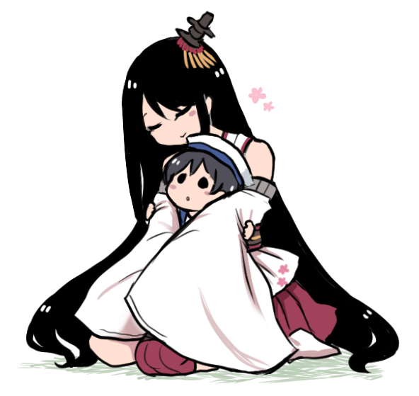 2girls black_hair closed_eyes commentary_request detached_sleeves floral_print fusou_(kantai_collection) hair_ornament hat hiburi_(kantai_collection) hug hug_from_behind kantai_collection long_hair multiple_girls pleated_skirt red_skirt remodel_(kantai_collection) sailor_hat short_hair simple_background skirt terrajin white_background white_headwear