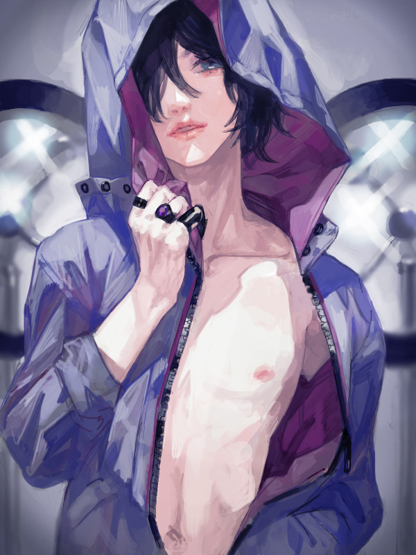 1boy bare_chest black_hair blue_eyes drawr hair_over_one_eye hood hood_up hooded_jacket jacket jewelry lips male_focus nishihara_isao open_clothes open_jacket original ring shadow short_hair solo