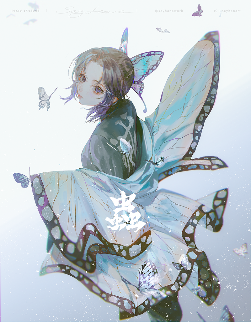 1girl animal bangs black_hair black_jacket black_pants bug butterfly butterfly_hair_ornament forehead gradient_hair hair_ornament insect jacket kimetsu_no_yaiba kochou_shinobu long_sleeves looking_at_viewer looking_back multicolored_hair open_clothes pants parted_bangs pixiv_id purple_hair say_hana signature sleeves_past_fingers sleeves_past_wrists solo twitter_username violet_eyes