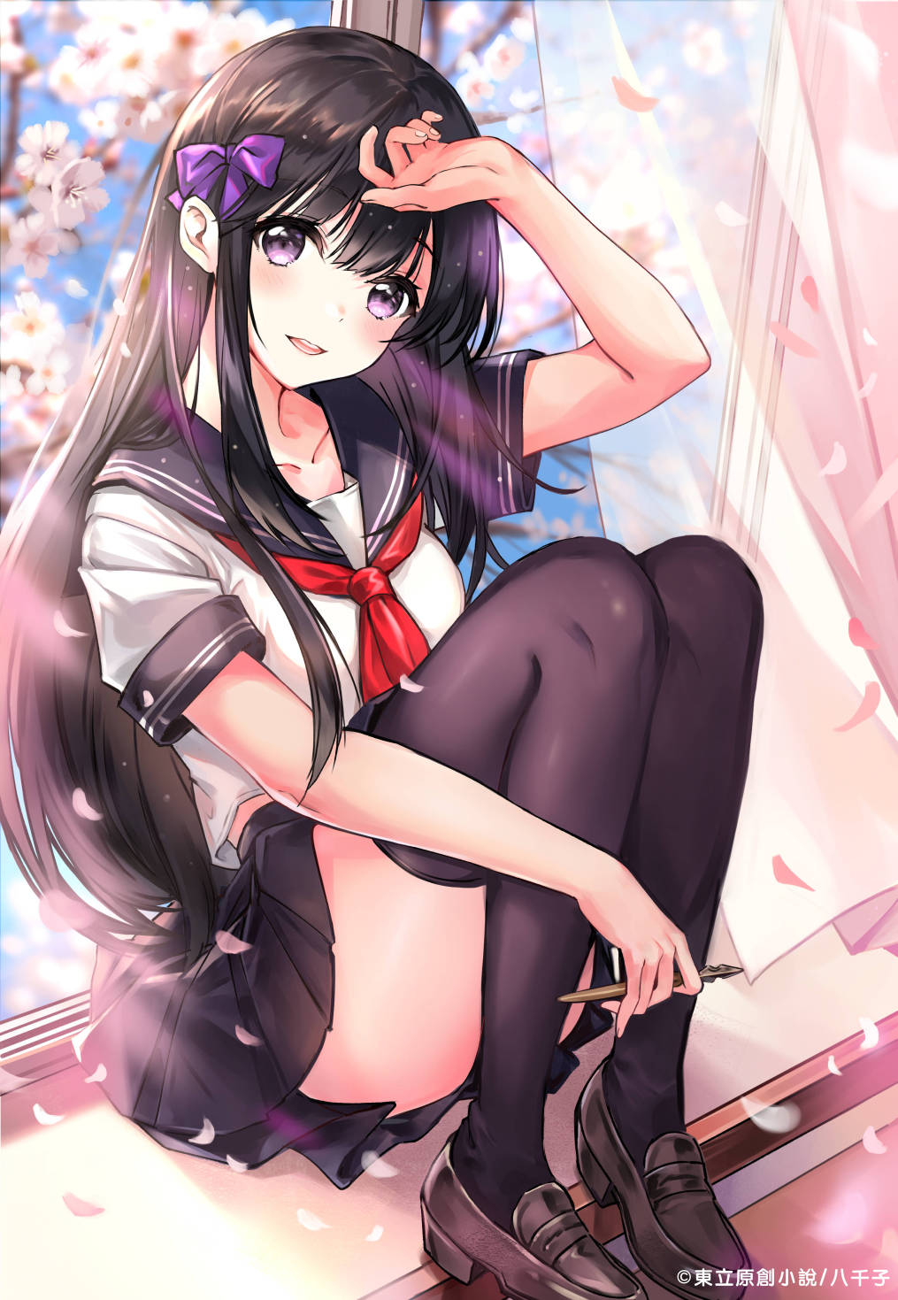 1girl arm_up bangs black_footwear black_hair black_legwear black_sailor_collar black_skirt blush bow commentary_request copyright_request curtains eyebrows_visible_through_hair flower hair_between_eyes hair_bow highres holding knees_up loafers long_hair looking_at_viewer neckerchief official_art parted_lips petals pierorabu pleated_skirt purple_bow red_neckwear sailor_collar school_uniform serafuku shirt shoes short_sleeves sitting_in_window skirt solo thigh-highs transparent upper_teeth very_long_hair violet_eyes white_flower white_shirt window