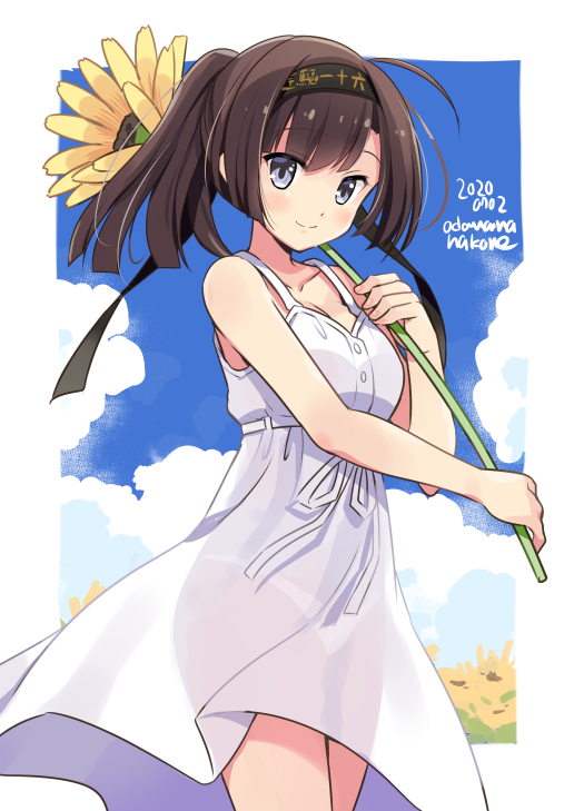 1girl akizuki_(kantai_collection) black_hair black_headband blush clothes_writing cowboy_shot dated dress eyebrows_visible_through_hair flower hachimaki headband holding holding_flower kantai_collection long_hair odawara_hakone ponytail sleeveless sleeveless_dress smile solo sundress sunflower twitter_username violet_eyes white_dress yellow_flower