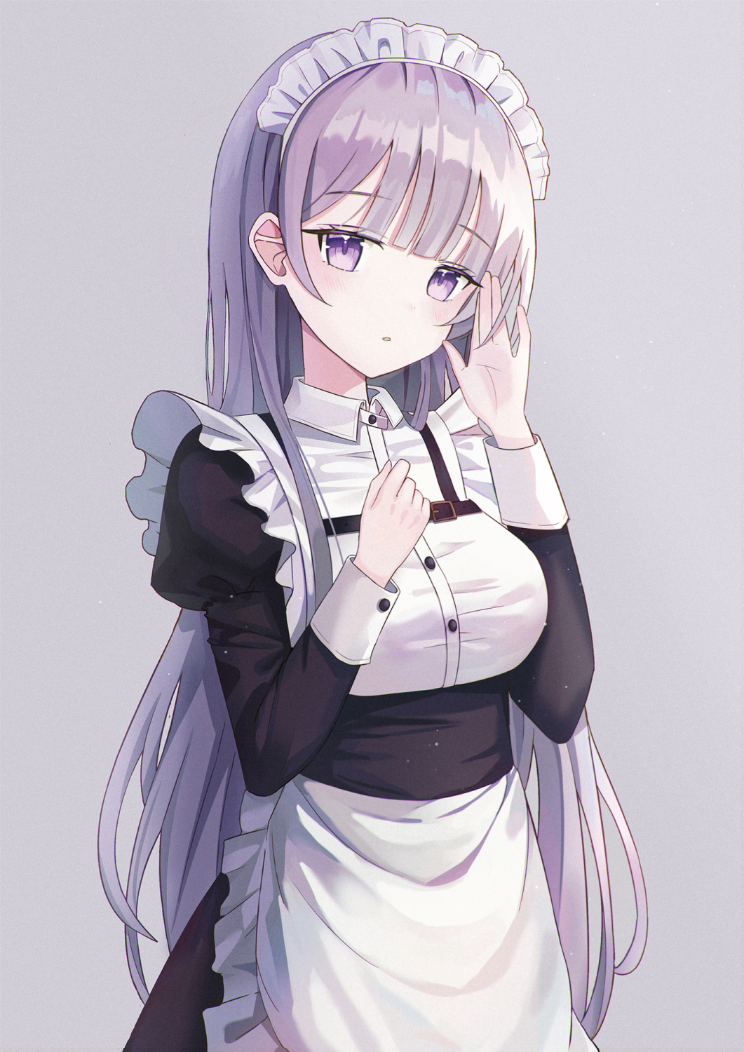 1girl apron bangs black_dress blush breasts collared_shirt dress dress_shirt eyebrows_visible_through_hair grey_background hand_up highres iren_lovel juliet_sleeves long_hair long_sleeves maid maid_headdress medium_breasts original parted_lips puffy_sleeves shirt silver_hair simple_background solo very_long_hair violet_eyes waist_apron white_apron white_shirt