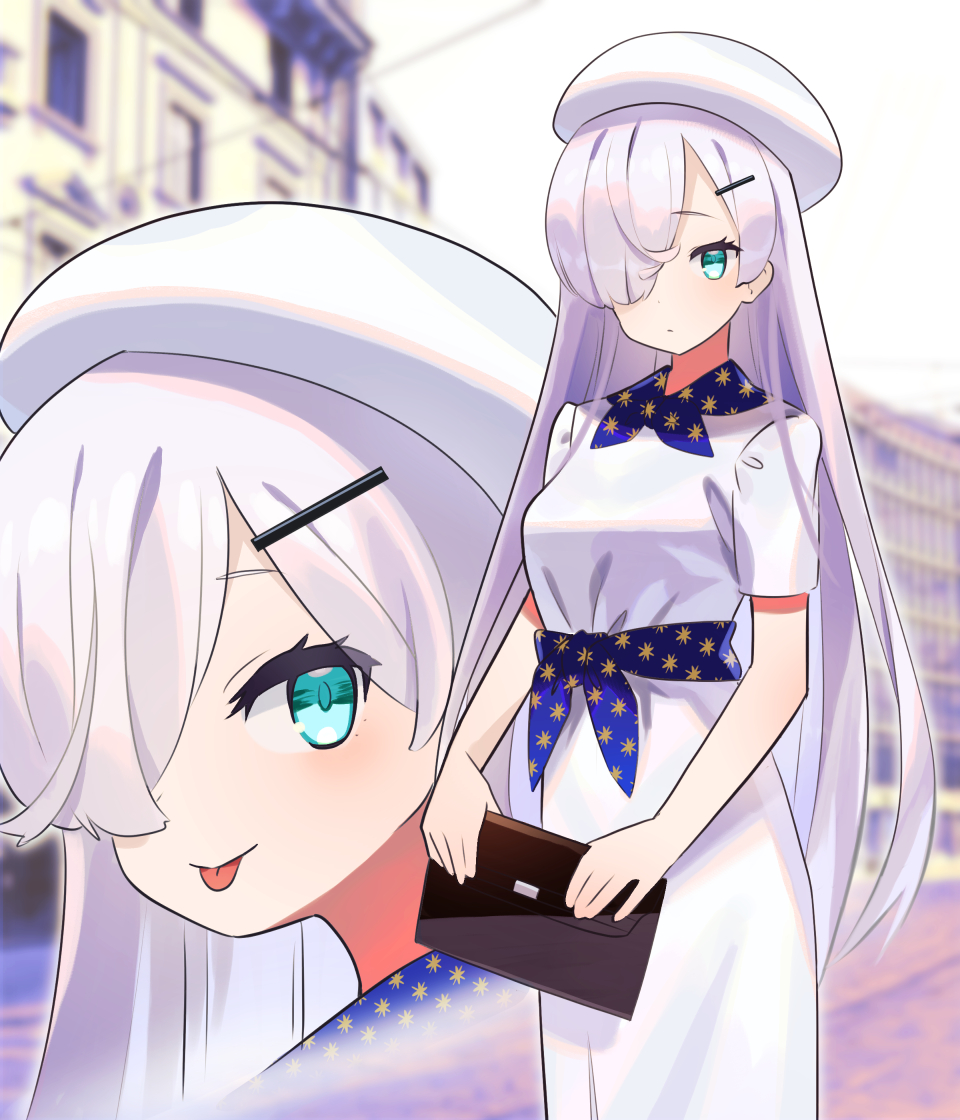 1girl anastasia_(fate/grand_order) bangs beret blue_eyes blue_scarf blush breasts contemporary dress fate/grand_order fate_(series) hair_over_one_eye hat large_breasts long_hair looking_at_viewer multiple_views revision sash scarf short_sleeves silver_hair smile tongue tongue_out white_dress white_headwear zenshin