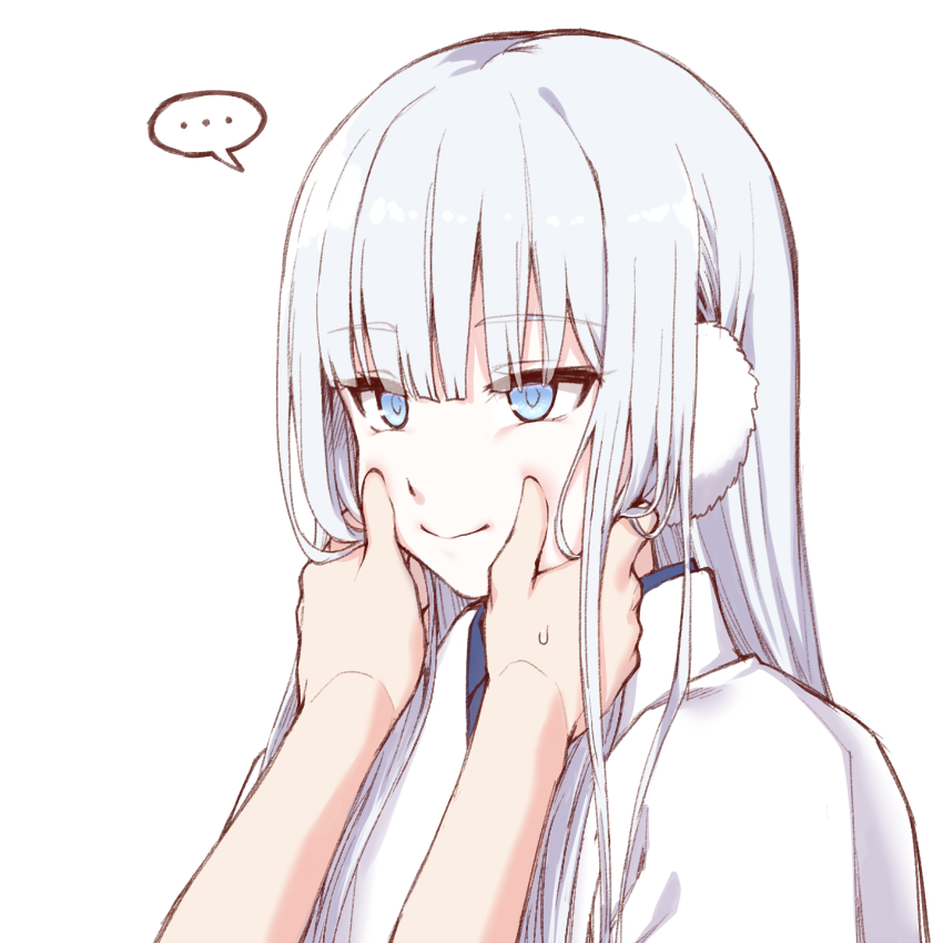 ... 1girl blue_eyes commentary_request earmuffs eyebrows_visible_through_hair forced_smile hands_on_another's_face japanese_clothes kimono long_hair original silver_hair simple_background speech_bubble sweatdrop upper_body white_background yagi_(ningen) yuki_onna yukimi_(yagi)