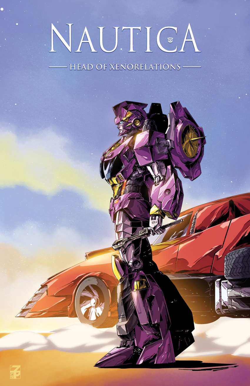 autobot dyemooch english_commentary from_side highres holding_wrench insignia kaze_no_tani_no_nausicaa logo_parody looking_ahead mecha nautica no_humans parody poster road_rage_(transformers) standing transformers visor wrench