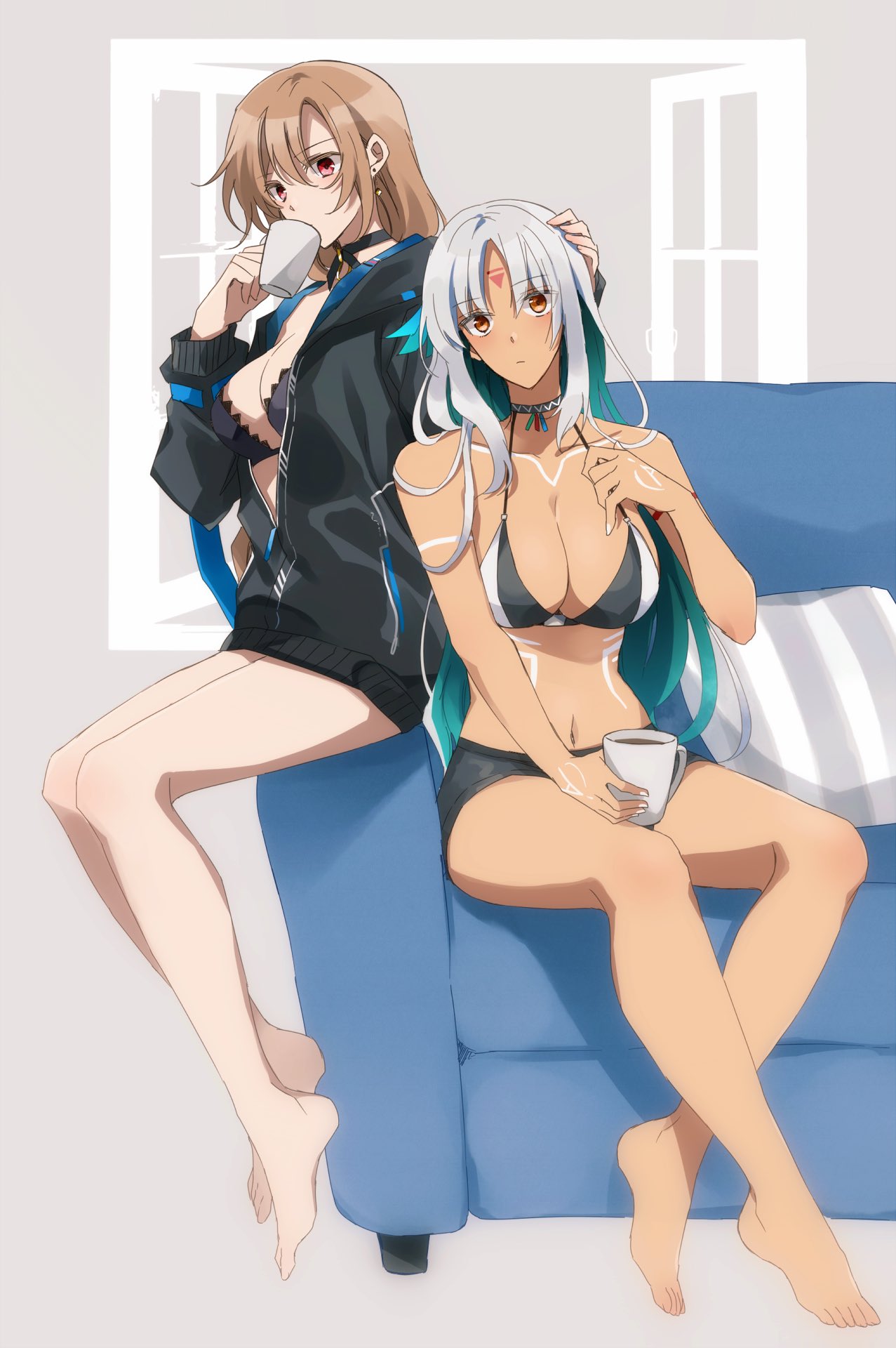 2girls amazuki_jou azur_lane bikini bikini_top black_jacket body_markings bodypaint center_opening choker coffee coffee_cup coffee_mug couch cup dark_skin disposable_cup facial_mark feather_hair_ornament feathers forehead_mark hair_feathers hand_on_another's_head highres holding holding_cup jacket jean_bart_(azur_lane) light_brown_hair long_hair massachusetts_(azur_lane) mug multicolored_hair multiple_girls native_american open_clothes open_jacket orange_eyes pillow red_eyes short_shorts shorts swimsuit two-tone_hair white_hair white_nails yuri