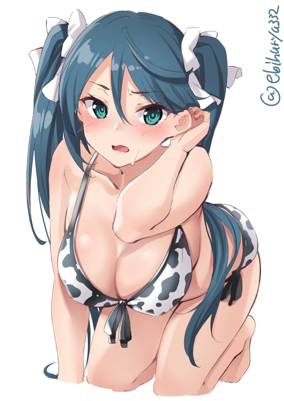 1girl all_fours alternate_costume animal_print arm_support bare_shoulders bikini blue_hair blush bow breasts collarbone cow_print ebifurya front-tie_bikini front-tie_top green_eyes hair_between_eyes hair_bow hair_flip highres isuzu_(kantai_collection) kantai_collection large_breasts looking_at_viewer open_mouth side-tie_bikini swimsuit symbol_commentary twintails wavy_mouth white_background
