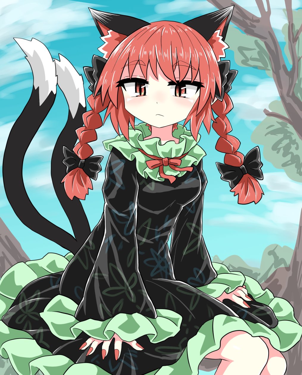 1girl animal_ears bangs bare_legs black_bow black_dress black_sleeves bow braid cat_ears cat_tail chups closed_mouth clouds dress extra_ears eyebrows_visible_through_hair frilled_dress frilled_sleeves frills green_frills highres kaenbyou_rin long_sleeves looking_at_viewer medium_hair multiple_tails outdoors red_eyes red_nails red_neckwear redhead sitting sky sleeves_past_wrists solo tail touhou tree twin_braids two_tails