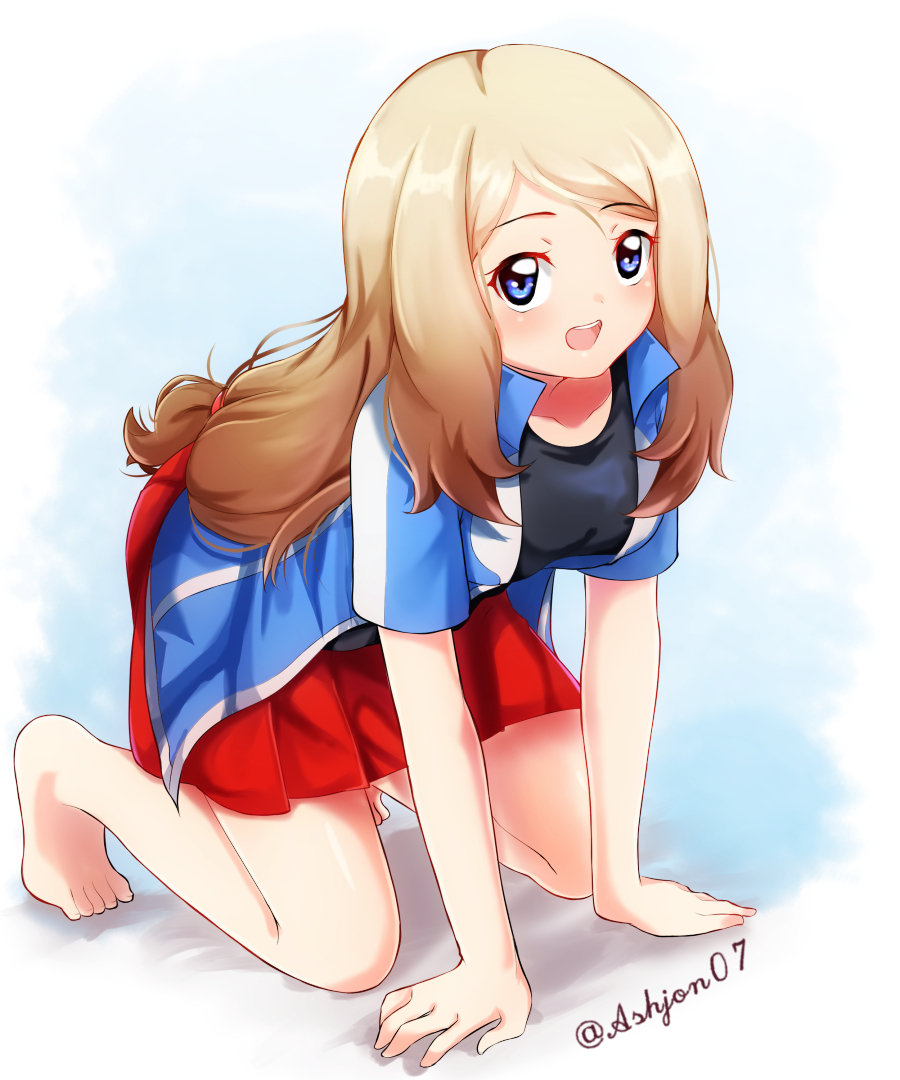 1girl :d all_fours ashujou bangs barefoot black_shirt blue_eyes blue_jacket brown_hair full_body jacket long_hair low-tied_long_hair miniskirt open_clothes open_jacket open_mouth pleated_skirt pokemon pokemon_(anime) pokemon_xy_(anime) red_skirt satoshi_(pokemon) serena_(pokemon) shirt short_sleeves skirt smile solo swept_bangs twitter_username white_background