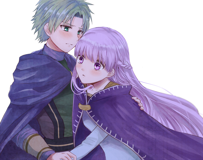 1boy 1girl bangs blue_dress blush cape closed_mouth couple dress fire_emblem fire_emblem:_the_binding_blade floating_hair green_eyes green_hair hair_intakes hand_on_another's_shoulder holding_hands long_hair long_sleeves purple_cape purple_hair raigh_(fire_emblem) shiny shiny_hair simple_background sophia_(fire_emblem) standing very_long_hair violet_eyes white_background wspread