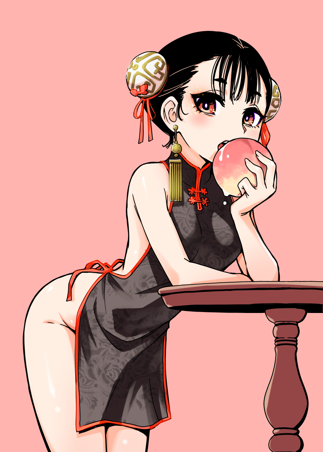 1girl ass bare_shoulders black_hair breasts commentary_request dojirou double_bun earrings food fruit highres jewelry looking_at_viewer open_mouth original peach pink_background red_eyes simple_background solo table teeth