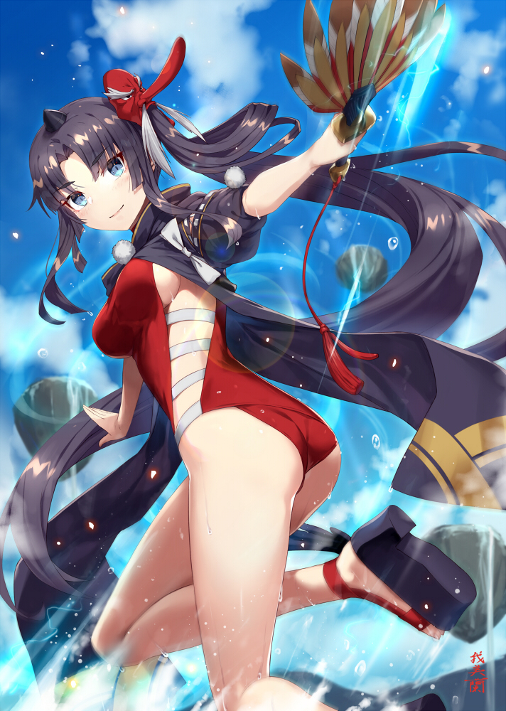 1girl bangs black_hair black_jacket blue_eyes blue_sky blurry blurry_background blush closed_mouth clouds cloudy_sky commentary_request day depth_of_field eyebrows_visible_through_hair fate/grand_order fate_(series) gabiran horns jacket long_hair looking_at_viewer looking_to_the_side mask mask_on_head one-piece_swimsuit outdoors outstretched_arms parted_bangs puffy_short_sleeves puffy_sleeves red_swimsuit revision short_sleeves side_ponytail sideless_outfit single_horn sky smile solo spread_arms standing standing_on_one_leg swimsuit tengu_mask ushiwakamaru_(fate/grand_order) very_long_hair