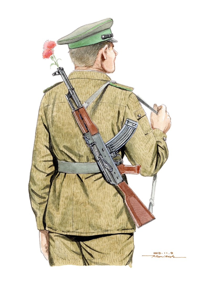 1boy ak-47 assault_rifle brown_hair cowboy_shot dated east_german flower flower_in_gun from_behind green_jacket green_pants gun hat horikou jacket male_focus military_hat military_jacket original pants peaked_cap real_life red_flower rifle signature simple_background solo standing weapon white_background