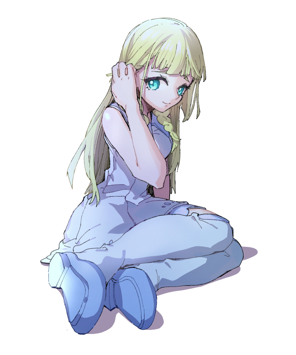 1girl ankea_(a-ramo-do) bangs blonde_hair blue_eyes blue_legwear closed_mouth dress highres kneehighs lillie_(pokemon) long_hair looking_at_viewer pokemon pokemon_(game) pokemon_sm simple_background sitting sleeveless sleeveless_dress smile solo straight_hair thigh-highs very_long_hair white_background white_dress zettai_ryouiki