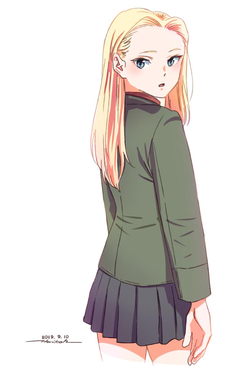 1girl arms_at_sides blonde_hair blue_eyes blush character_request cowboy_shot dated from_behind girls_und_panzer green_jacket grey_skirt highres horikou jacket long_hair long_sleeves looking_at_viewer looking_back parted_lips pleated_skirt signature simple_background skirt solo standing white_background