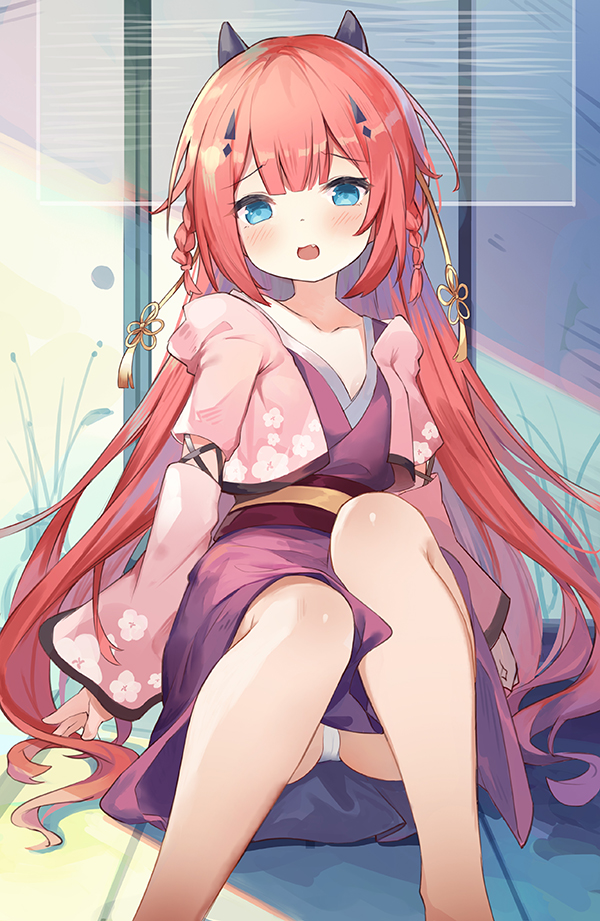 1girl :d bangs blue_eyes blush braid commentary_request eyebrows_visible_through_hair fang feet_out_of_frame floral_print hair_ornament horns jacket japanese_clothes kamiyama_shiki kimono knees_up leilin long_hair long_sleeves obi open_clothes open_jacket open_mouth panties photoshop_(medium) pink_jacket print_jacket purple_kimono redhead revision sash sitting sleeves_past_wrists smile solo summer_pockets twin_braids underwear very_long_hair white_panties wide_sleeves