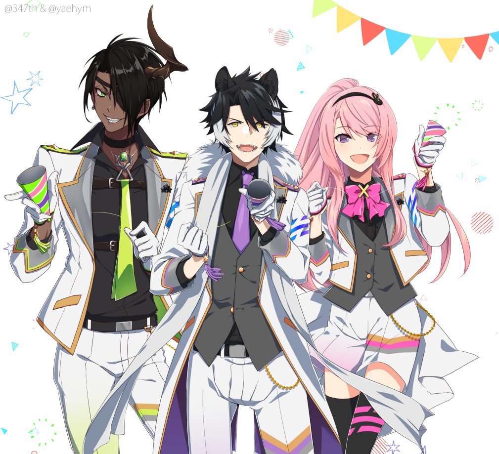 3boys :d alternate_hairstyle animal_ears anniversary aragami_ouga belt belt_buckle black_hair black_legwear bow bowtie buckle collaboration commentary_request confetti dark_skin dark_skinned_male dog_ears eyebrows_visible_through_hair eyepatch gloves green_eyes green_neckwear grin hair_between_eyes hair_over_one_eye hand_up happy holding holostars horns jacket kageyama_shien long_hair looking_at_viewer male_focus mudo_(saji) multicolored_hair multiple_boys necktie open_mouth otoko_no_ko pants pink_hair pink_neckwear pleated_skirt ponytail purple_neckwear sharp_teeth short_hair simple_background single_horn skirt smile streaked_hair teeth thigh-highs tsukishita_kaoru twitter_username very_long_hair violet_eyes virtual_youtuber white_background white_gloves white_hair white_jacket white_pants yaeyama_reishi yellow_neckwear