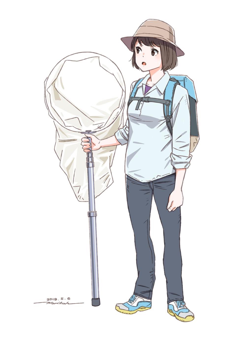 1girl backpack bag brown_eyes brown_hair brown_headwear collared_shirt copyright_request dated eyebrows_visible_through_hair full_body grey_pants grey_shirt hat highres holding horikou long_sleeves pants parted_lips shirt shoes short_hair signature simple_background solo standing white_background wing_collar