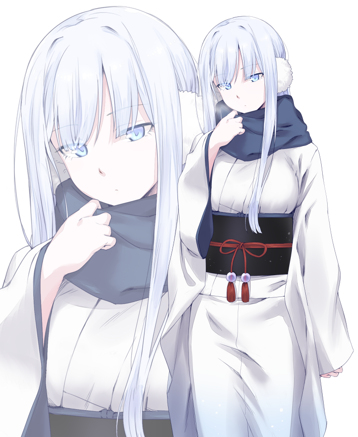 1girl blue_eyes breath commentary_request earmuffs expressionless eyebrows_visible_through_hair japanese_clothes kimono long_hair looking_at_viewer original sash scarf silver_hair simple_background solo white_background wide_sleeves yagi_(ningen) yuki_onna yukimi_(yagi) zoom_layer