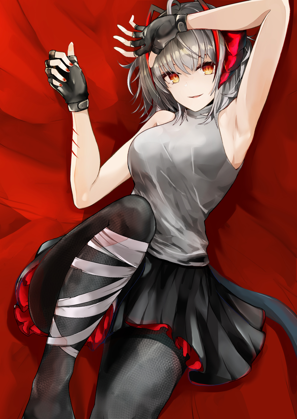 1girl ahoge akasabi arknights arm_up armpits bandaged_leg bandages bangs bare_arms bare_shoulders bed_sheet black_legwear black_skirt breasts commentary fingerless_gloves gloves grey_shirt hand_up highres horns knee_up large_breasts looking_at_viewer lying miniskirt nail_polish on_back orange_eyes pantyhose parted_lips pleated_skirt red_nails revision shirt short_hair silver_hair skirt sleeveless sleeveless_shirt smile solo thighs w_(arknights)