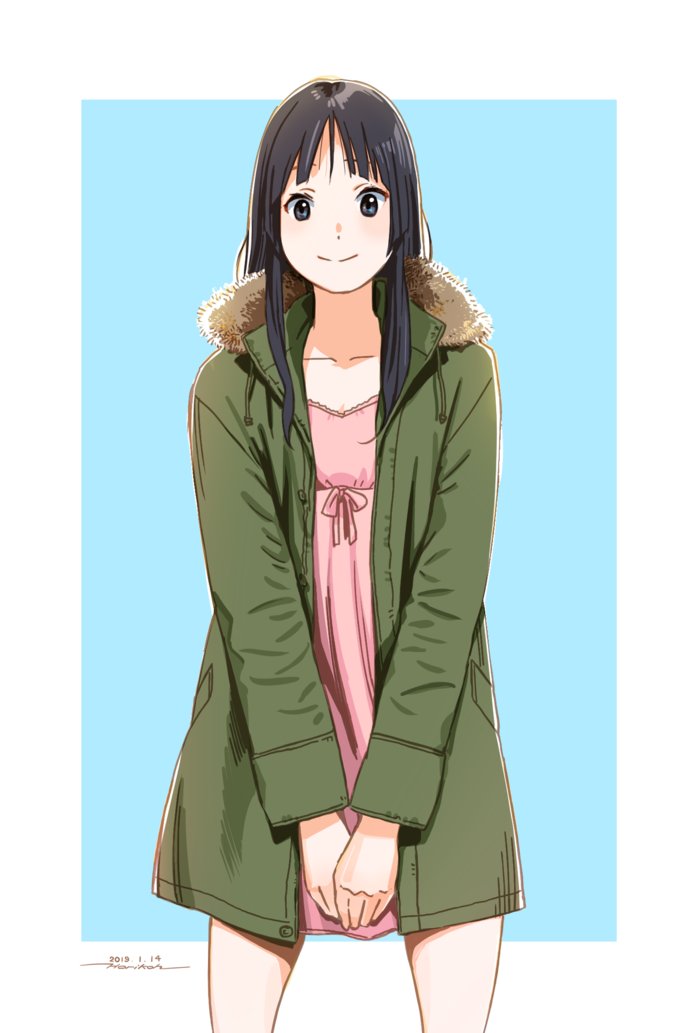 1girl akiyama_mio black_eyes black_hair blue_background closed_mouth coat cowboy_shot dated dress fur-trimmed_coat fur_trim green_coat horikou k-on! legs_apart long_hair looking_at_viewer own_hands_together pink_dress short_dress signature simple_background smile solo standing v_arms white_background